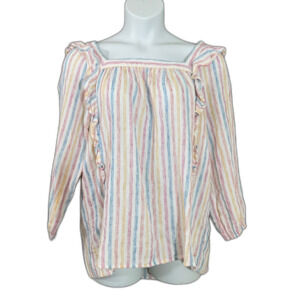 Chaps Blouse women’s XL multicolor ruffles square Neck striped linen blend